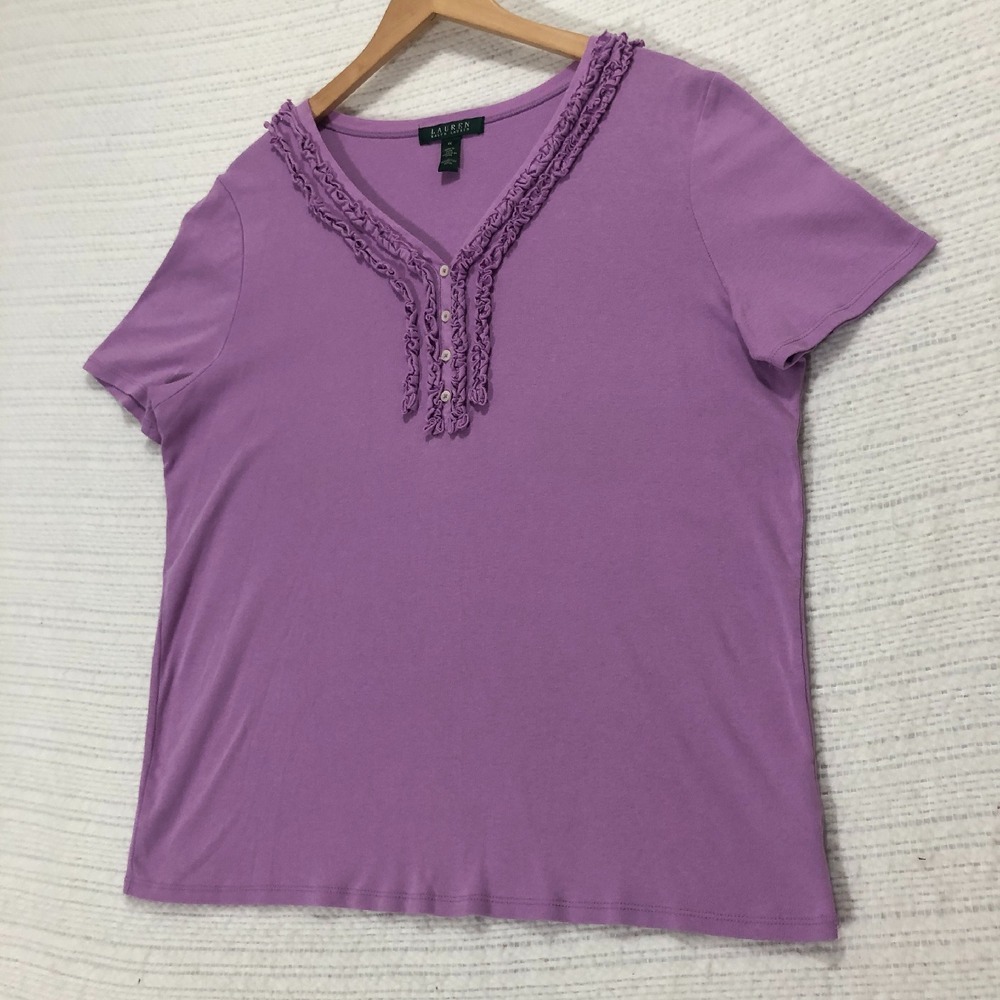 Lauren Ralph Lauren Ruffle Neck Top Button Lavender Blouse Plus Size 1X